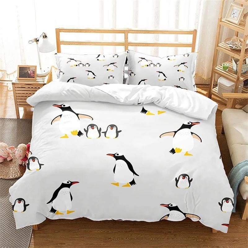 Cartoon Niedlicher Pinguin Bettbezug Animierte Antarktische Tiere Steppdeckenbezug für Kinder Jungen Mädchen zur Schlafzimmerdekoration King Queen