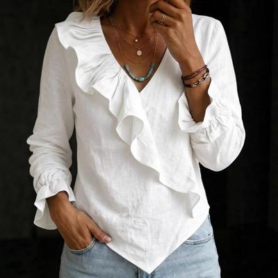Women V Neck Ruffle Flared Sleeve Irregular Hem Solid Color Casual Blouse