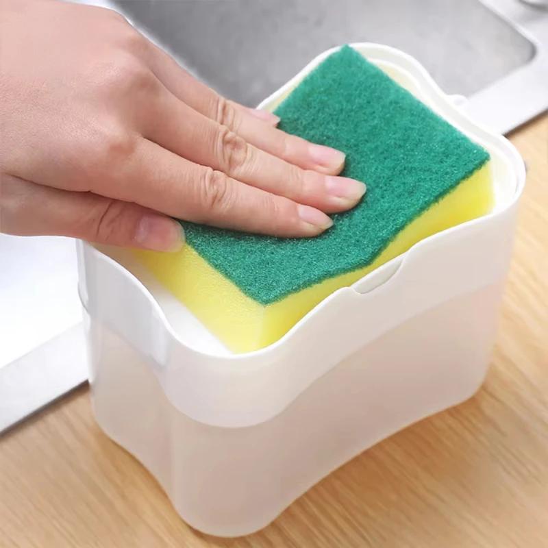 2 In 1 With Sponge Scrubbing Liquid Detergent Dispenser Press-type Liquid Soap Box Pump Organizer Kitchen Tool Bathroom Supplies