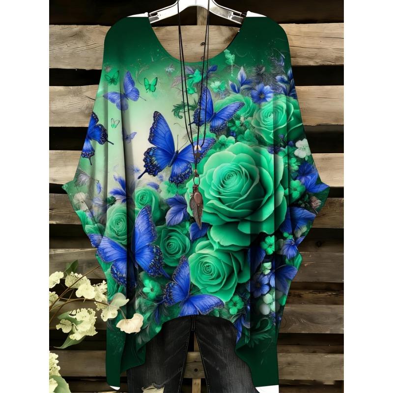 

Women Floral Butterfly Print Loose Tunic Top Green Rose Blue Butterfly Casual Batwing Sleeve Summer Beach Oversized Blouse 5XL
