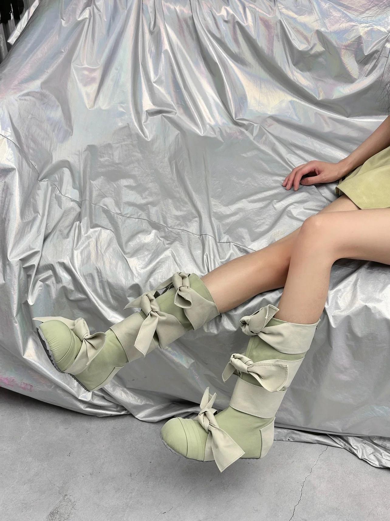 

Ботильоны с круглым носком и бантом-бабочкой 2025 Весна Милые На молнии Уличные Повседневные Длинные ботинки Зеленые Модные Женские ботинки до середины икры 40