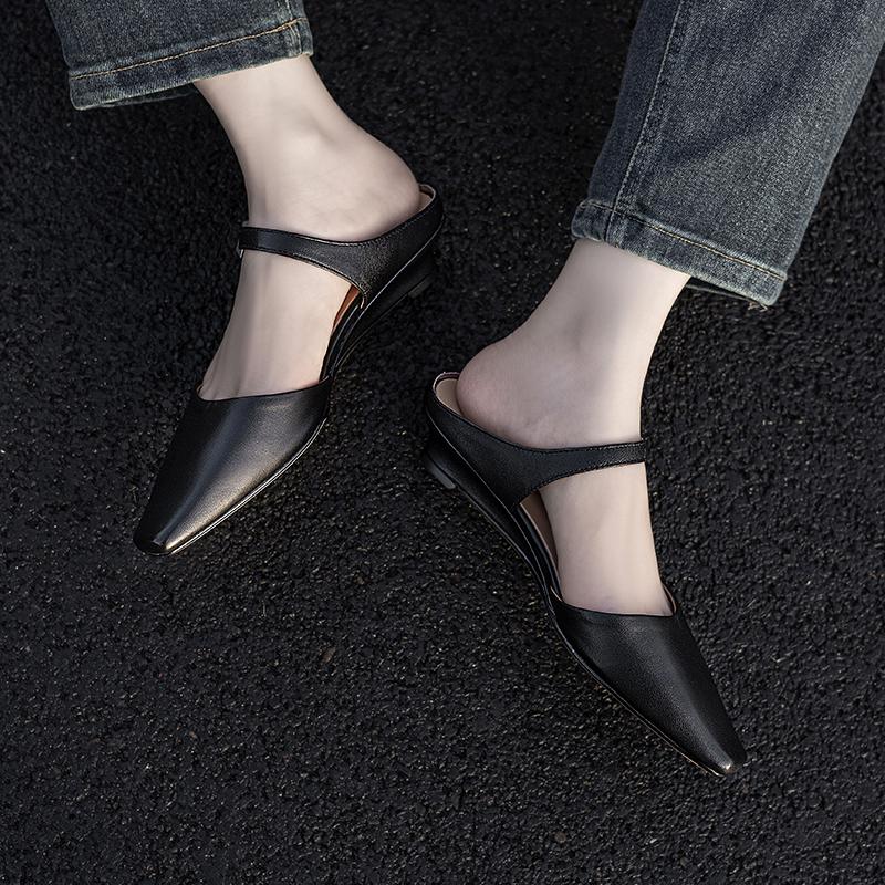 Fashion 2025 Summer Women Mules Genuine Leather Women Shoes Pointed Toe Low Heel Slippers Cover Toe Slingback Sandals Metal Buckle Shoe