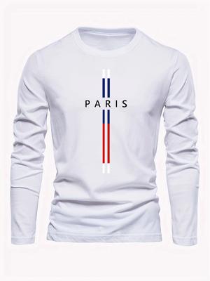 Camiseta Holgada 100% De Algodón Puro Para Hombre, Cómoda, Deportiva Y De Ocio, Con Estampado De Letras De París, Cuello Redondo, Manga Larga