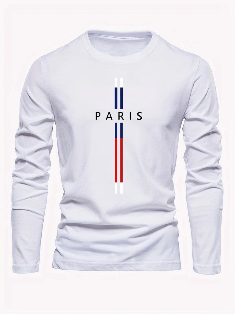 Camiseta holgada 100% de algodón puro para hombre, cómoda, deportiva y de ocio, con estampado de letras de París, cuello redondo, manga larga