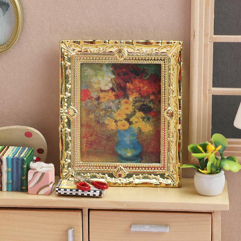 1:12 Dollhouse Miniature Furniture Accessories: Gold-Painted Flower Oil Painting Ornament