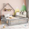 Gestoffeerd bed, 140 x 190 cm, kinderbed met schoorsteenvorm, bed met lattenbodem (zonder matras), grenenhout, minimalistische stijl, grijs