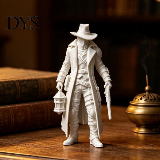 Matte Black Ornament 3D Printed Gothic Lantern Hunter Figurine, Dark Cloaked Man Statue Durable Static Figure with Cape for Halloween, Spooky