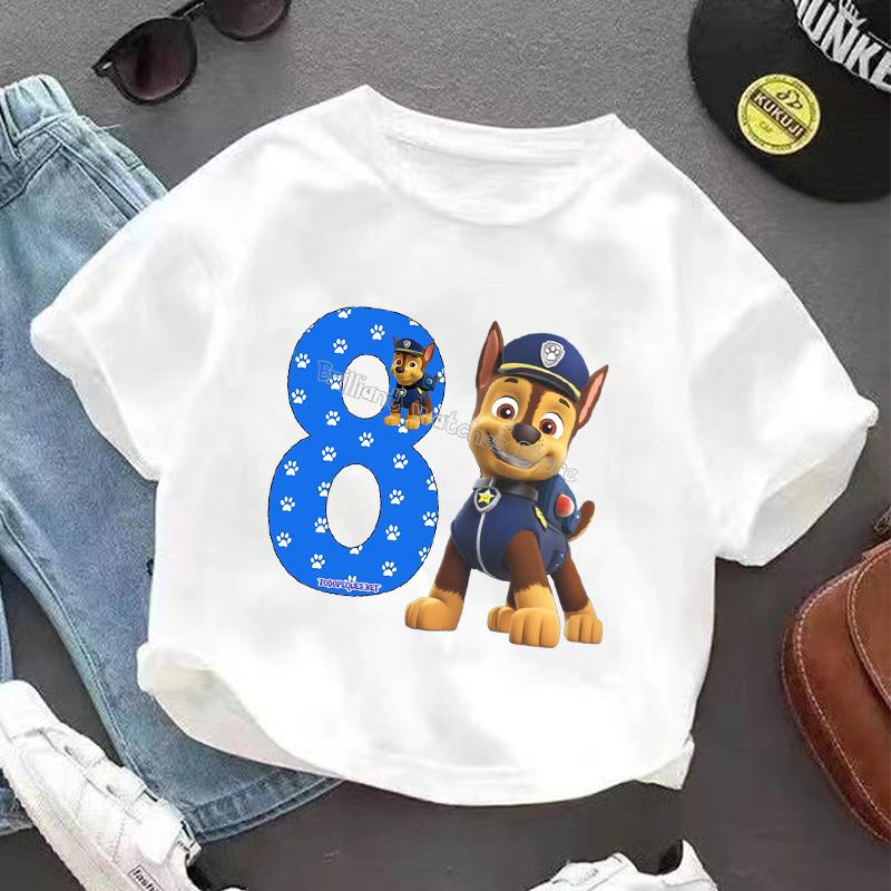 Paw Patrol Chase T-shirt for Children Birthday Figure Tee Top Boys White Clothes Cartoon Short Sleeve Kids Loose Clothing Gift