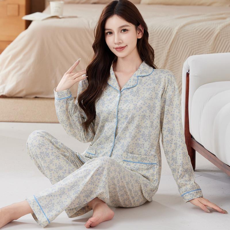 Shuxin floraler Baumwollimitat-Pyjama Frühling und Herbst dünn Mutter locker Übergröße Loungewear Langarm-Set