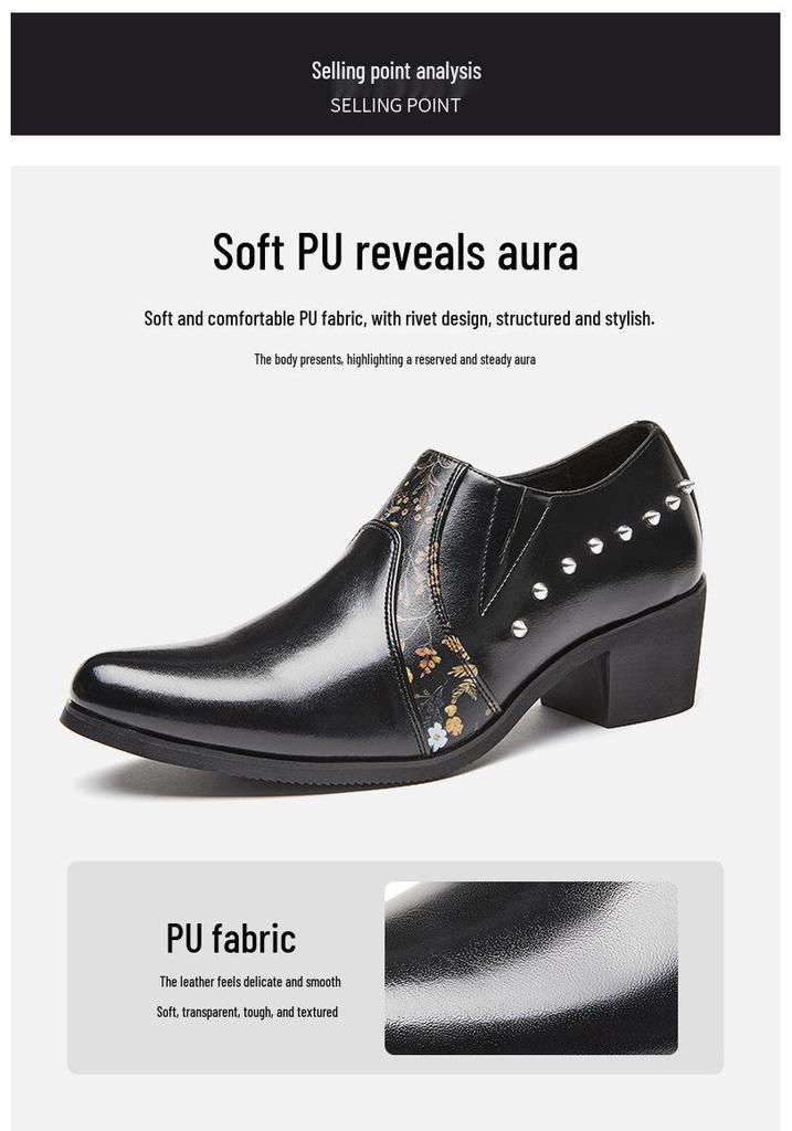 Men's Large Size Pointed Toe Leather High Heel Shoes - European American Fashion Rivet Cuban Style for Business and Casual Wear