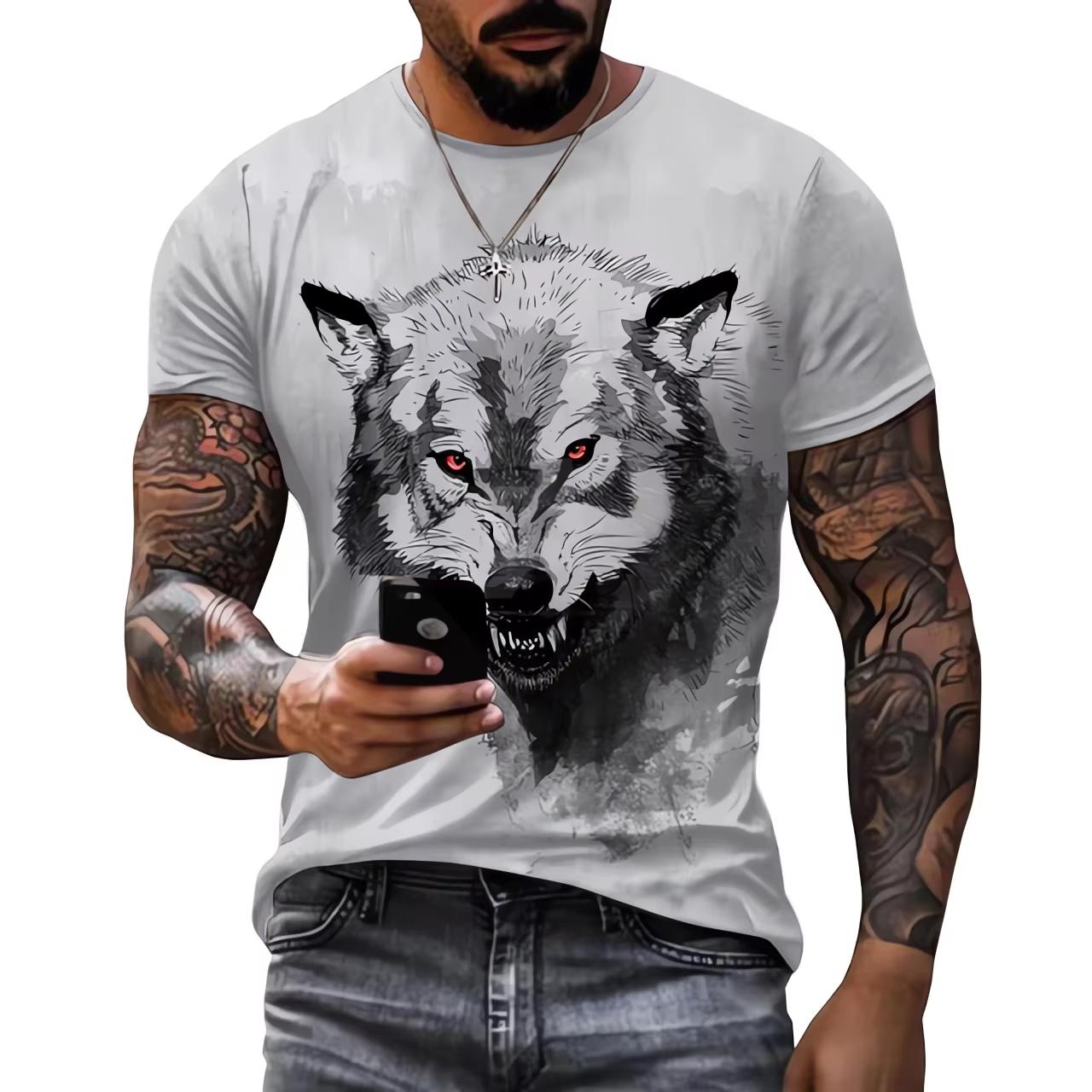 ETST 005 Heren T-shirt met 3D-print met Wolvenpatroon Korte Mouw Top 3D Casual Street Heren T-shirt Oversized Top T-shirt Herenkleding M