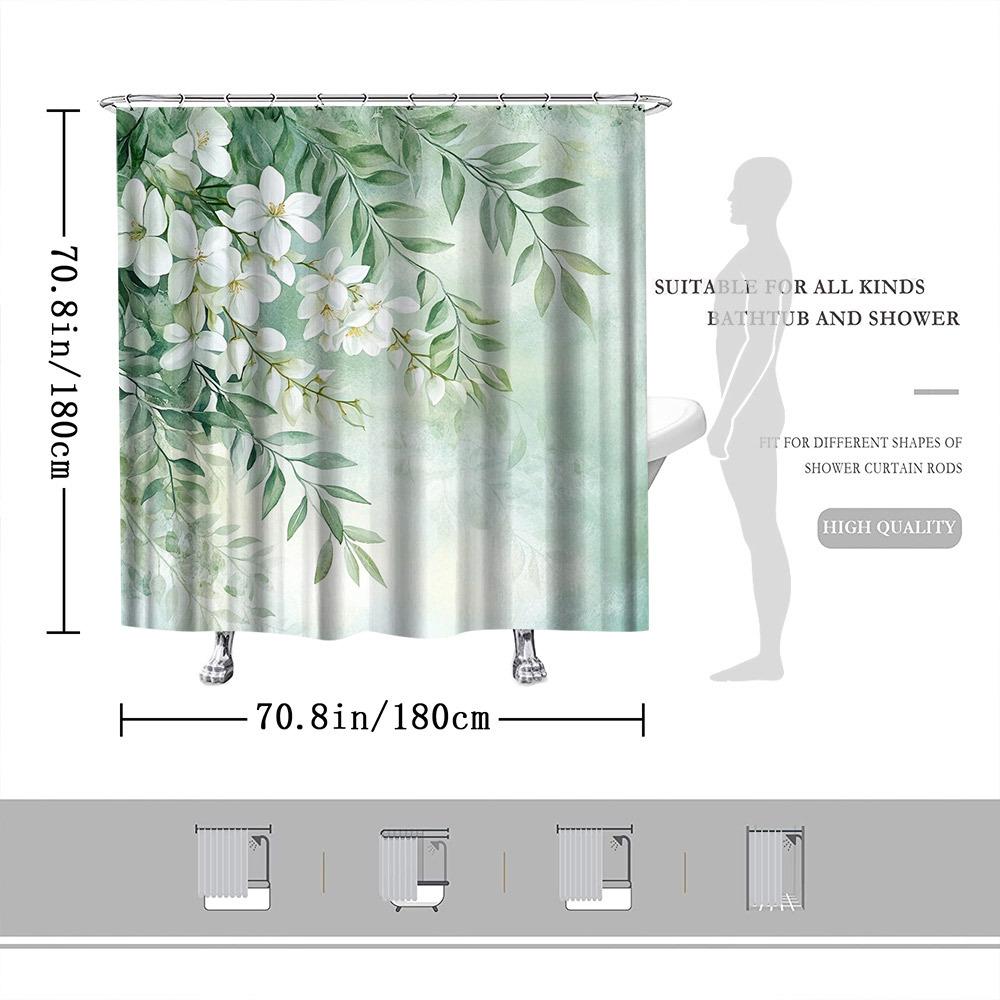White Flowers & Green Leaves Curtain, Watercolor Design, Soft Yellow Centers, Fade-Resistant, Machine Washable,Bath Decor