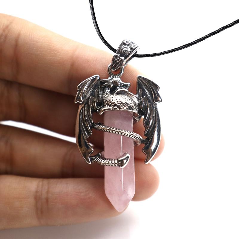 Animal Dragon Man Necklace Natural Gem Stone Healing Pink Quartz Hexagonal Crystal Pendant Vintage Jewelry for Women Gift