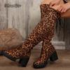Fashion Western Brown Leopard Thigh High Boots for Women Back Lace Up Over-the-Knee Boots Thick High Heel Botas Largas Mujer Size 36-43