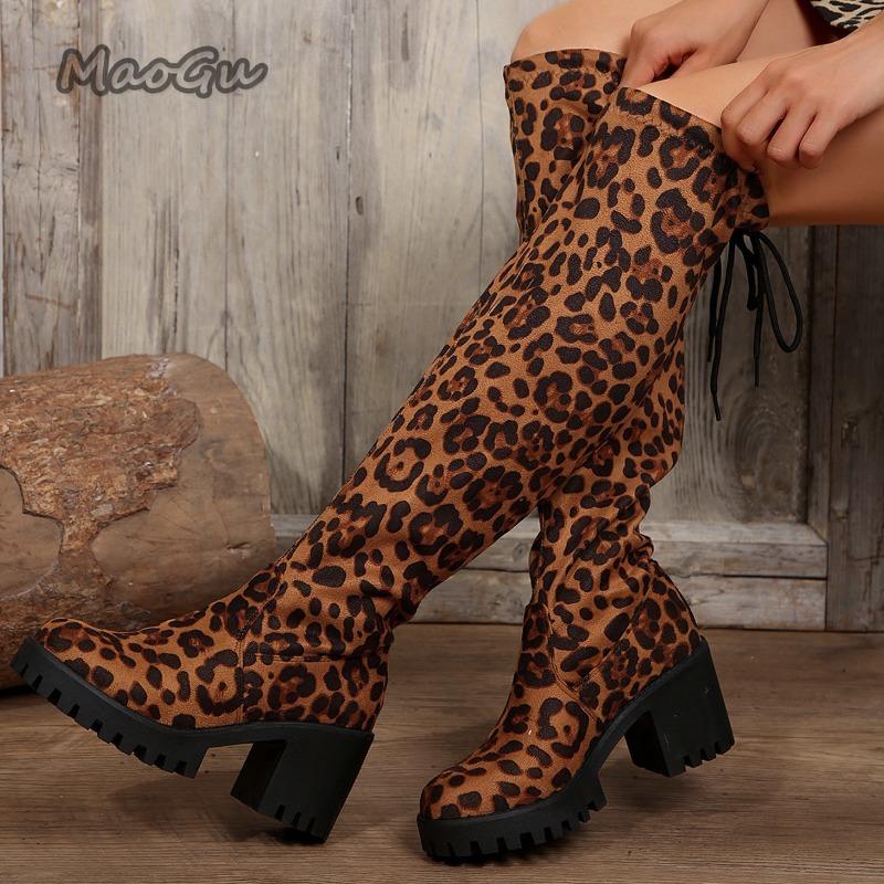Fashion Western Brown Leopard Thigh High Boots for Women Back Lace Up Over-the-Knee Boots Thick High Heel Botas Largas Mujer Size 36-43