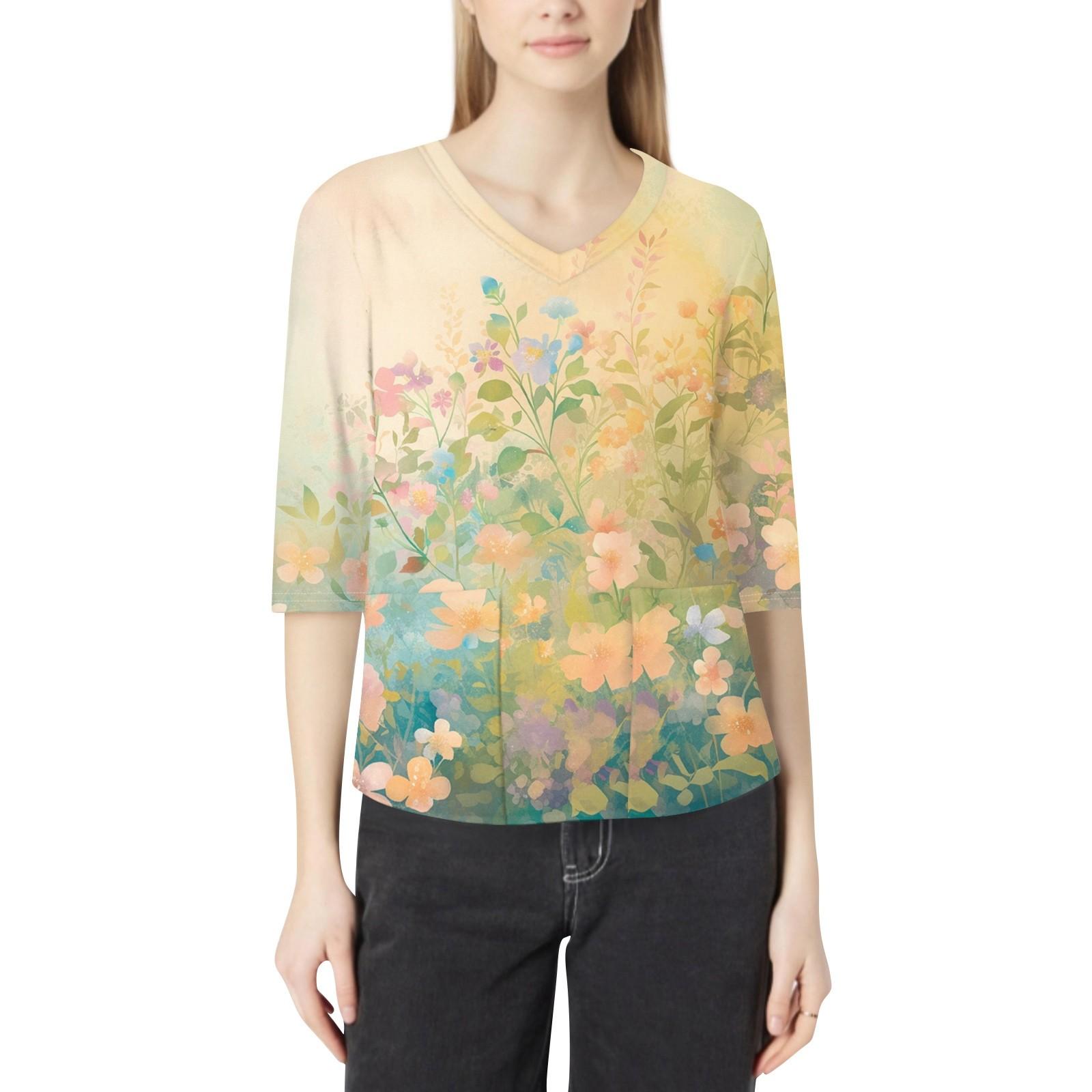 

Модная женская рабочая одежда с v-образным вырезом и рукавами 3/4, свободные топы с карманами и принтом XXL