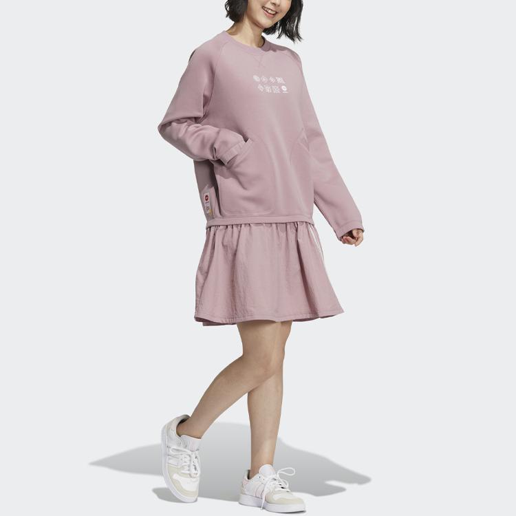 Adidas Neo CNY Print A-Line Sports Long Sleeve Dress Women Dress Purple Pink HM9884
