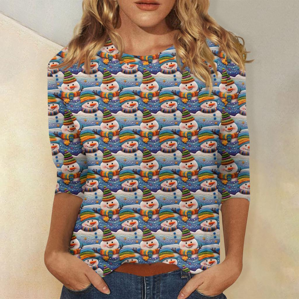 Women's Fashionable Casual Three-Quarter Sleeve Christmas Print Round Neck Top