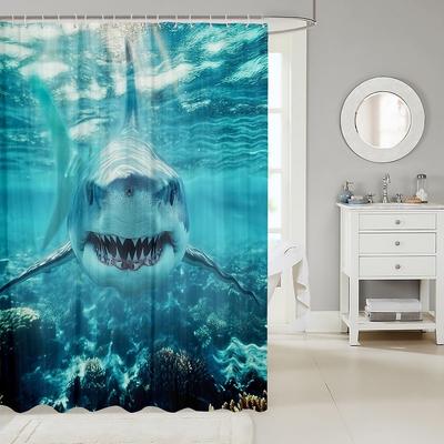 Rideau de douche requin, Rideau de bain requin 3D, Rideau de douche baignoire animaux marins Rideau de cabine de douche vague mer océan Bleu Blanc