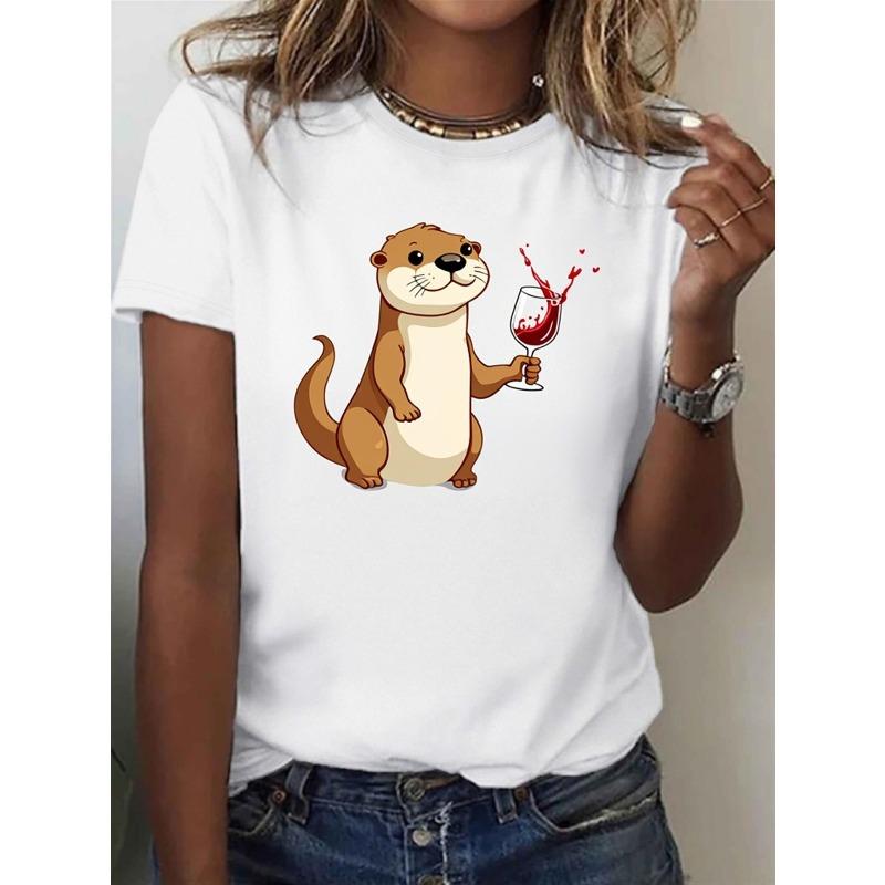 

European Size Women S White Cute Otter Holding Wine -Shirt Soft Breathable Oversized Relaxed Fit Short Sleeve Round Neck Casual Vintage Streetwear Top 4XL