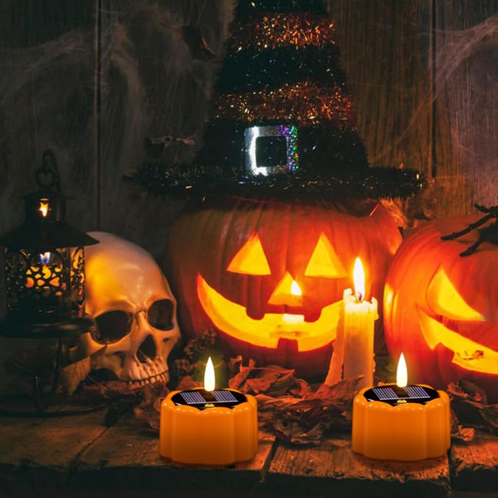 Flameless pumpkin candle, solar powered evil flickering Halloween desktop ghost pumpkin LED tea light candle, Halloween decoration