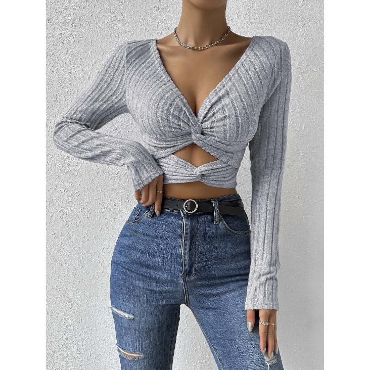 Women'S Sexy V-Neck T-Shirt Autumn And Winter Careful Machine Exposed Navel Slim Fit Short Top