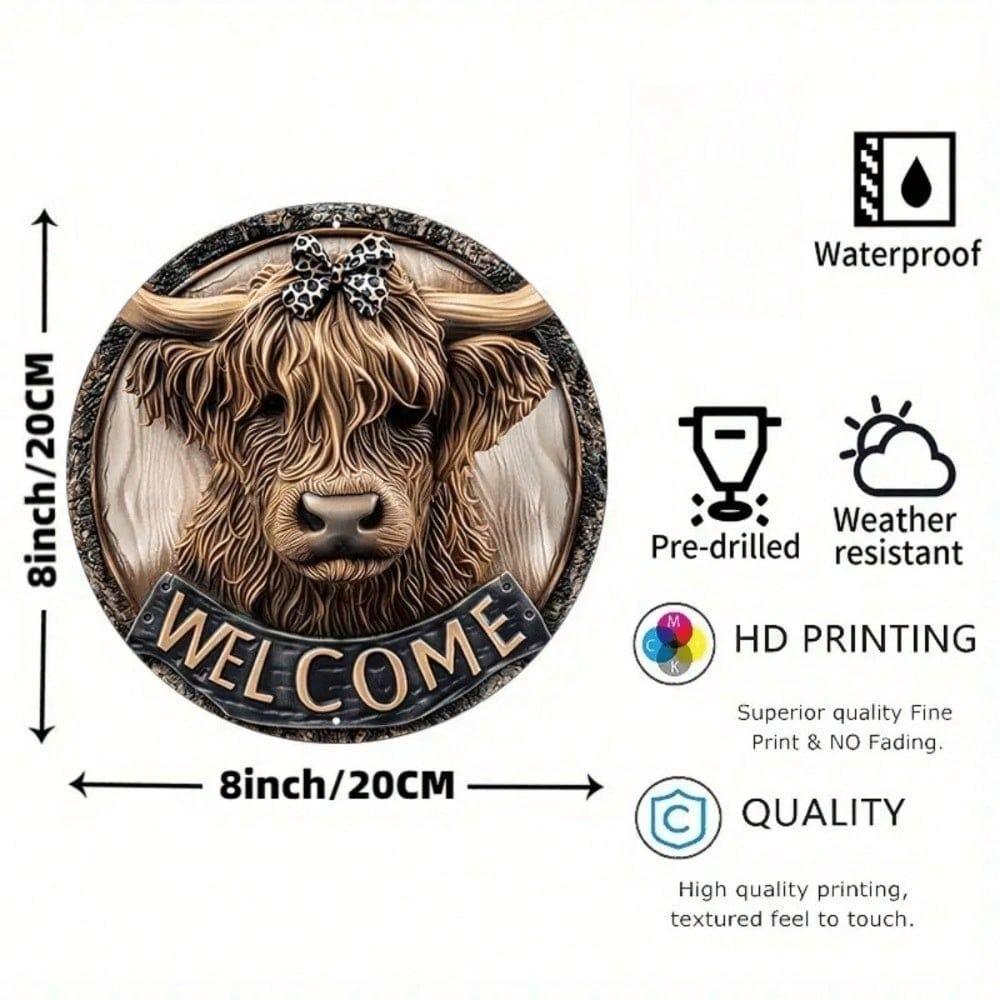 2D Highland Cow Sign Waterproof Metal Wall Art 8x8 Inch Farmhouse Decor