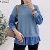 ZANZEA Women Casual O-neck Fake Two Piece Splice Long Sleeve Blouses