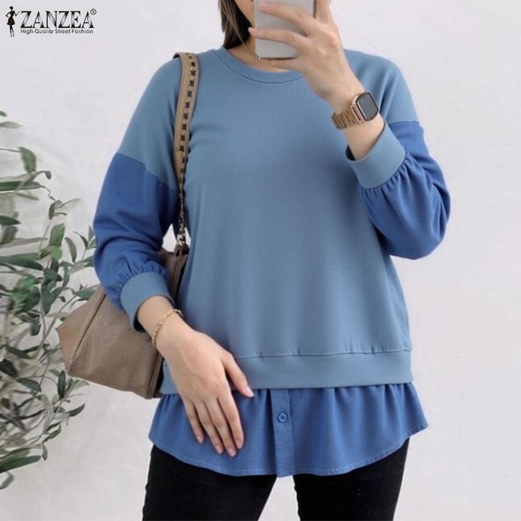 ZANZEA Women Casual O-neck Fake Two Piece Splice Long Sleeve Blouses
