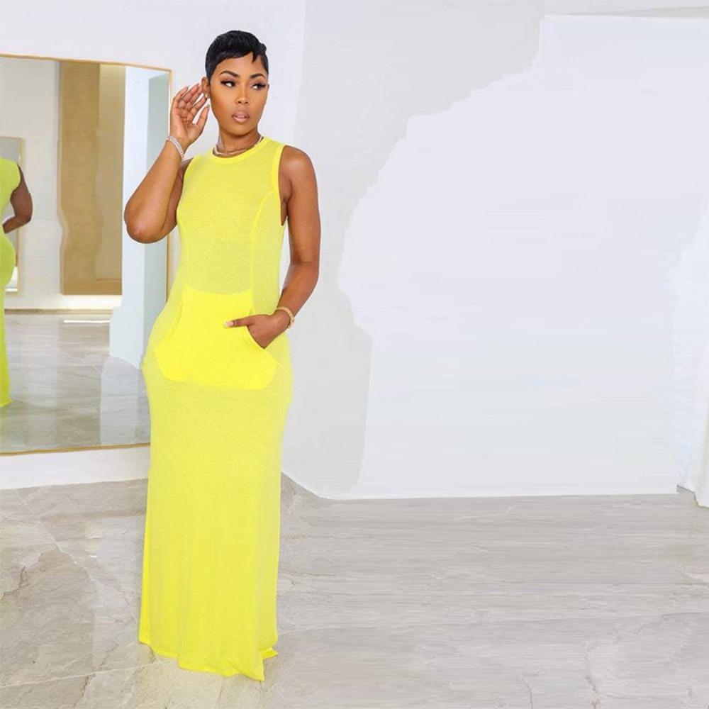 Women's Crew Neck Sleeveless Maxi Dress Bodycon Solid Knit Long Dress With Side Pockets Side Slit