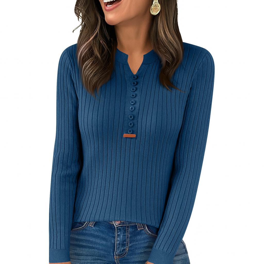 Women's Fashion Solid Color V-neck Long Sleeve Button Loose Bottom Knitted Sweater Top