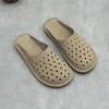 Johnature Handmade Cowhide Slippers Round Toe Flat Hollow-out Breathable Genuine Leather Slides