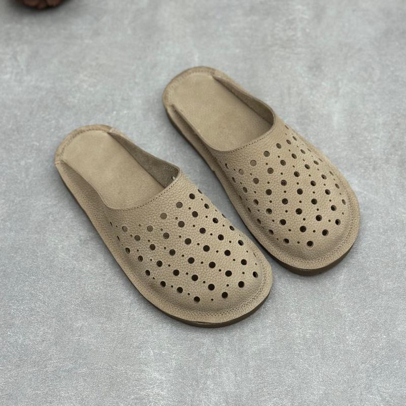 Johnature Handmade Cowhide Slippers Round Toe Flat Hollow-out Breathable Genuine Leather Slides