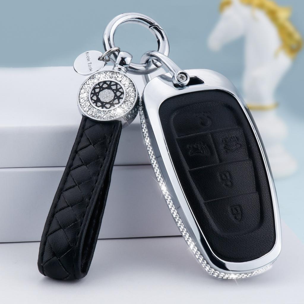 For Hyundai Key Fob Cover with Keychain, Pink Genuine Leather Crystal Key Case Protection Shell Compatible with 2019 2020 2021 2