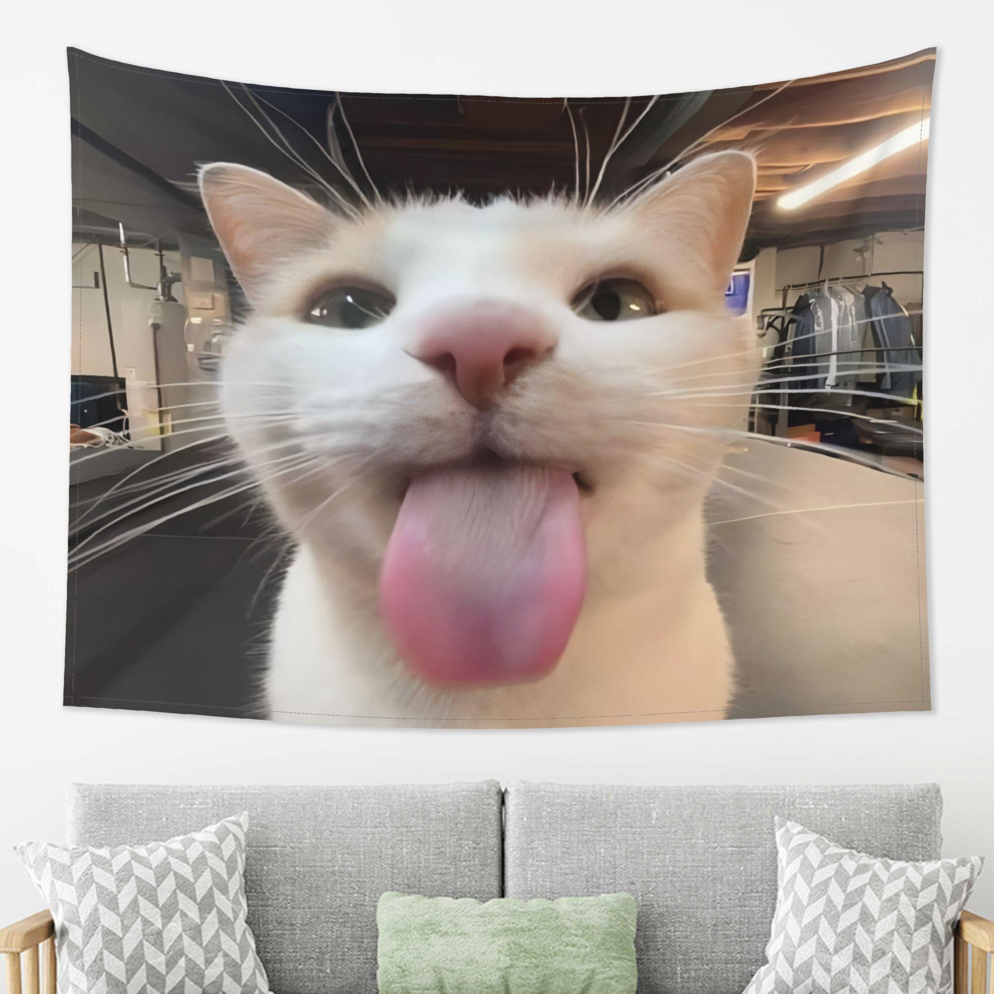 

VIKAMA Очаровательный Кот Гобелен Чисто-Белый Кот Язык Крупный План Декор Стены Гостиной Свежий и Успокаивающий Акцент в Комнате 74x94cm(29x37in)