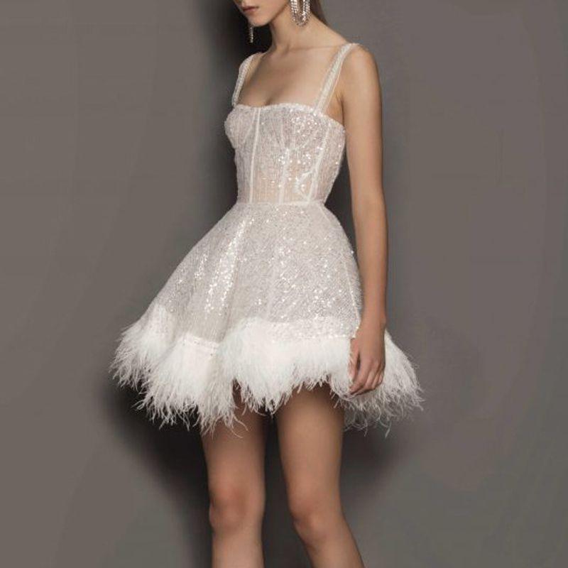 

Small Dress Daily Party Sexy Bandeau Sling Feather Sequins Dress Sexy Sequin Dress White S