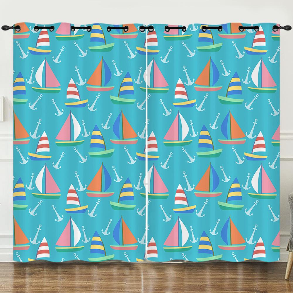 Curtains Cartoon Sailing Digital Printing Blackout Curtains Bedroom No Punching