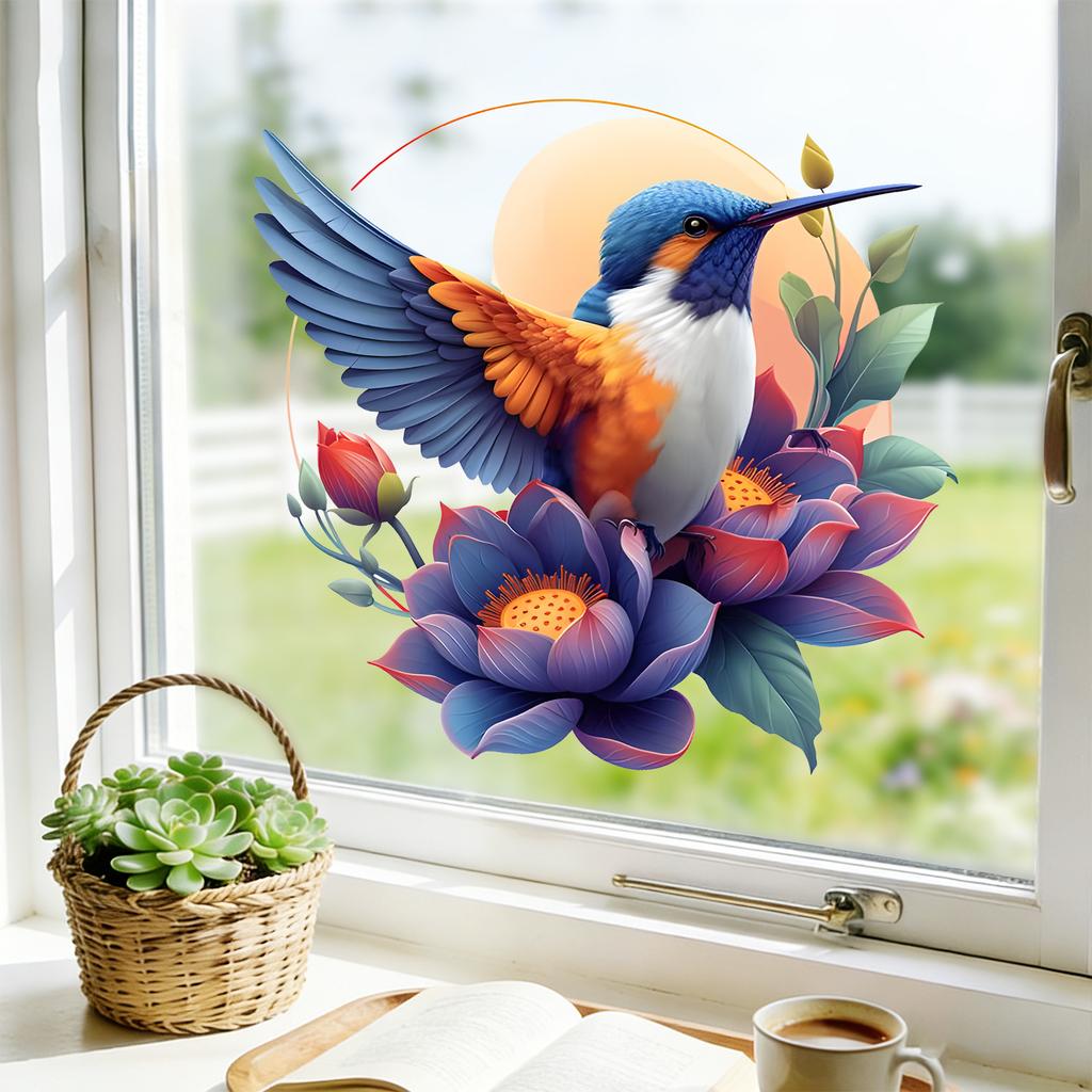 Kingfisher Lotus Pond Static Cling Window Sticker Removable Reusable for Bedroom Living Room Kitchen Glass Home Decor Art