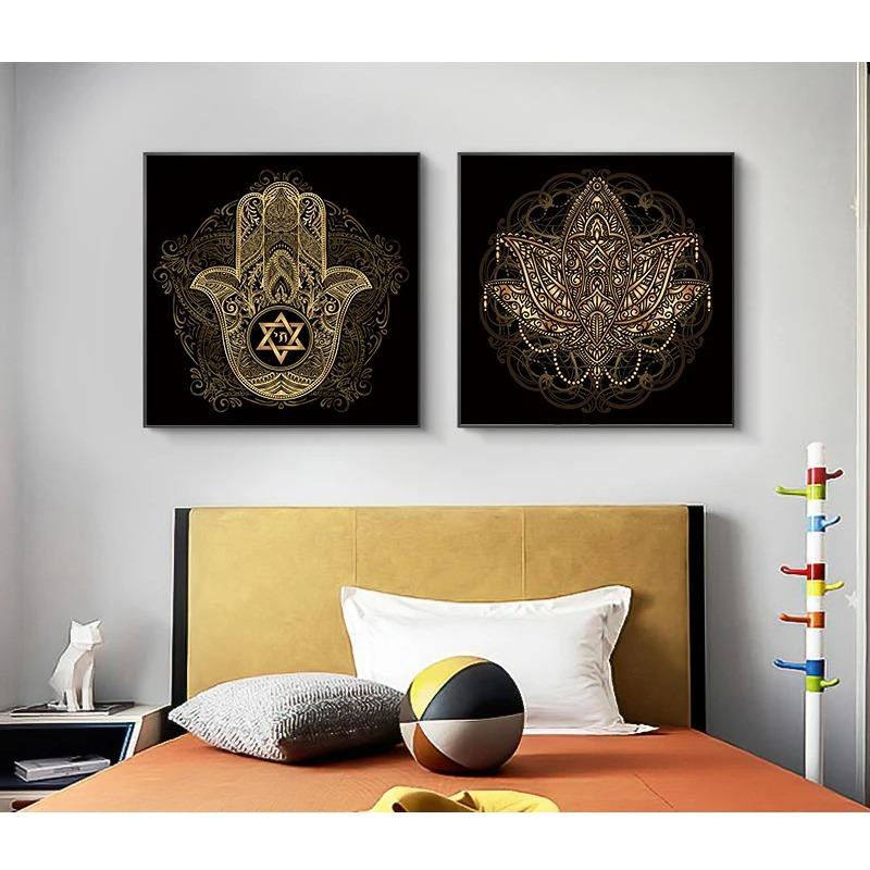Gold and Black Mandala Lotus Art Canvas Painting on The Wall Posters Prints Religion Wall Art Pictures for Living Room Decor