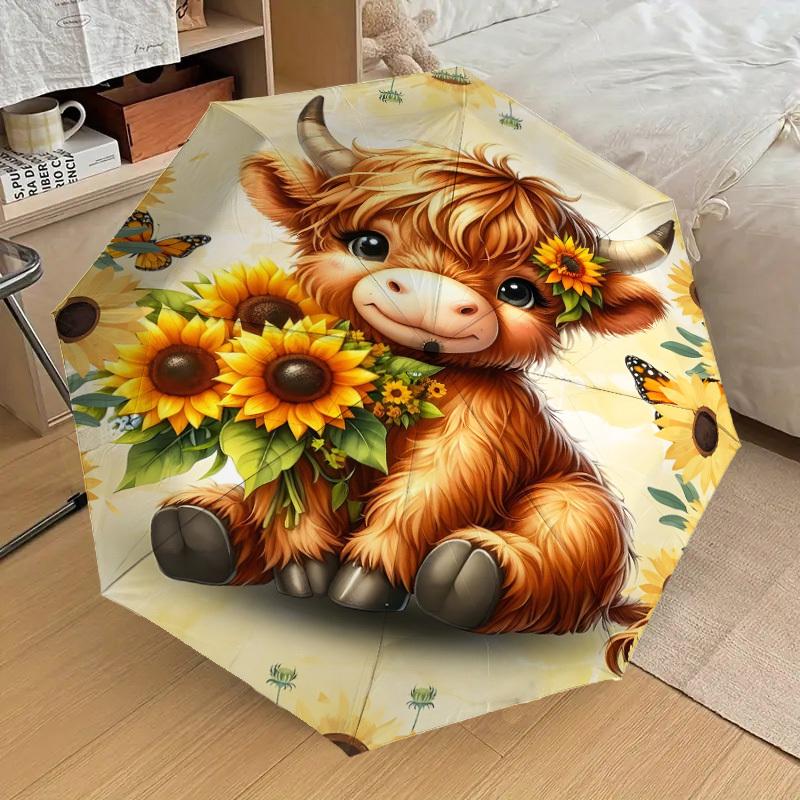 1PC cow sunflowersAutomatic Open/Close Umbrella with Windproof, 8-Rib Sturdy Canopy, Durable Ribs, Fashionable Design, Outdoor Accessory, Fun Prin, Ho