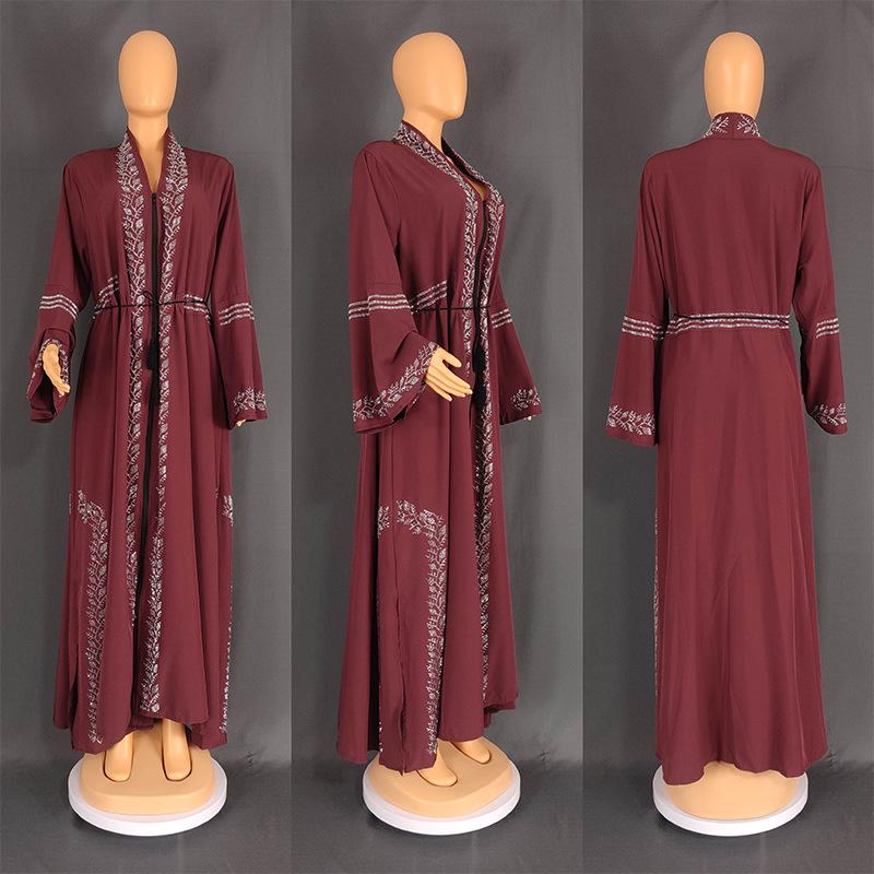Arabian Style Long Sleeve Bell Bottom Dress Cardigan Robe Large Size Women's Fashionable Casual Geometric Patterned Gown