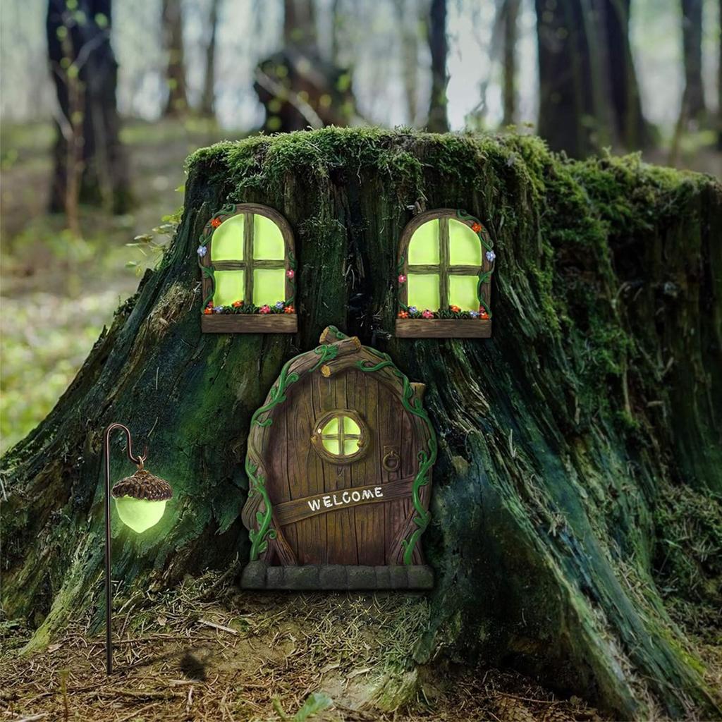 Miniature Window Door Decoration Set Resin Glow Fairy Window Door Sculpture for Outdoor Courtyard
