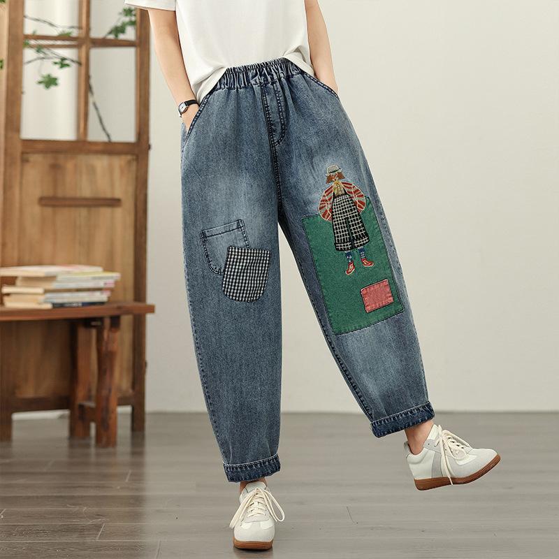 Cartoon Patch Embroidery Denim Pants Women Summer High Waist Loose Cropped Pants Female Casual Streetwear Jeans Pants