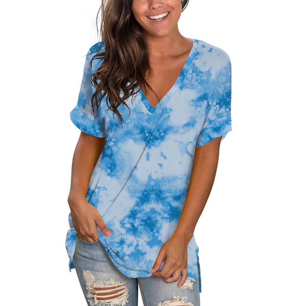 Womens Casual V-Neck Short Sleevein Tie-dye T-Shirt Summer Tops With Pocket