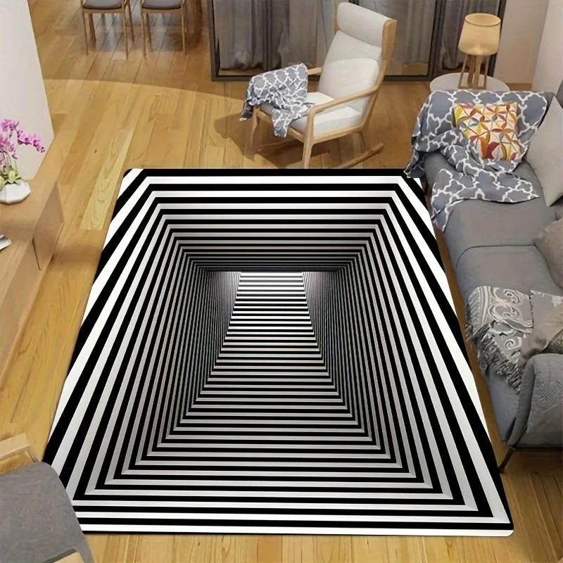 3D Schwarz-Weiß Illusion Teppich Geometrischer Druck Optisches Muster Teppich Rutschfester Boden Haus Wohnzimmer Schlafzimmer Tür Innen Dekor