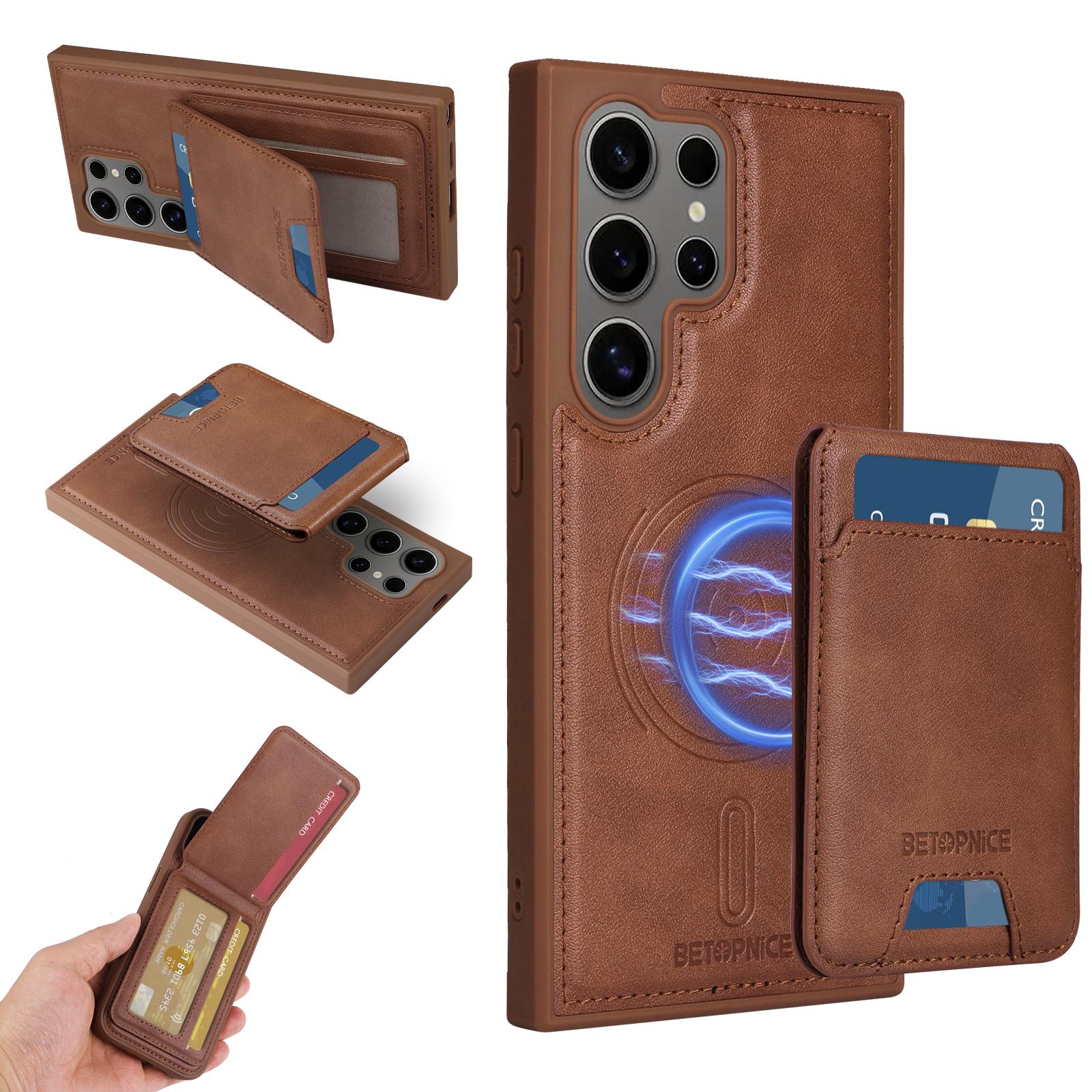 

For Samsung Galaxy S24 Ultra Magnetic Case BETOPNICE RFID Blocking Leather Phone Back Cover with Detachable Card Bag Brown