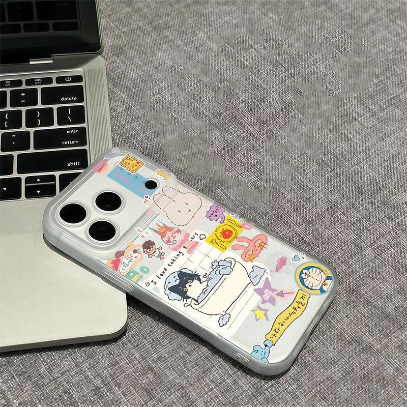 Transparent Phone Case with Integrated Buttons for Apple 16/17, Frosted Edges, Cartoon Design, Compatible with 13, 16Pro, and 17ProMax Models.