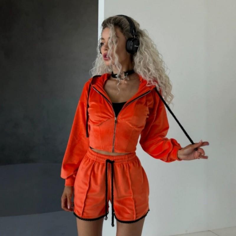 

Casual Women s Velvet Color Blocking Line Pockets Long-sleeved Cardigan Coat Shorts Two-piece Set XL помаранчево-червоний