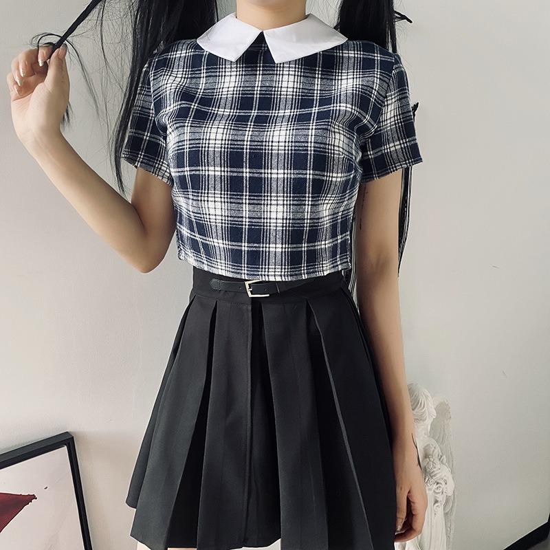 Scione Dark Female Skirt + Belt College Style Black Pleated Short Skirt High Waist Jk Suit Skirt