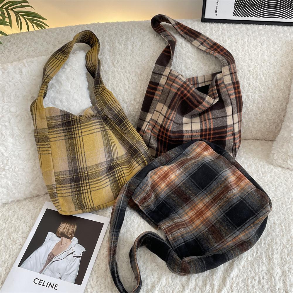 Stylish College Style Plaid Wool Shoulder Bag Spacious Crossbody Tote For Students